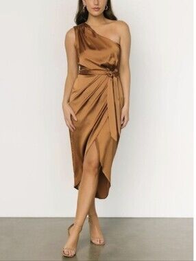 Baltic Born Celia One-Shoulder Satin Midi Dress in BronzeSz.L NWT